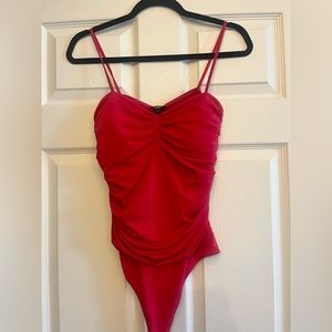 Express Body Contour Compression Ruched Bodysuit With Bra Cups in Pink (M)